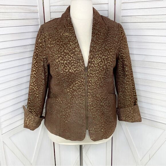 Pamela McCoy Metallic Leopard Print Leather Coat Brown Gold 1X Zipper Front - Picture 1 of 15